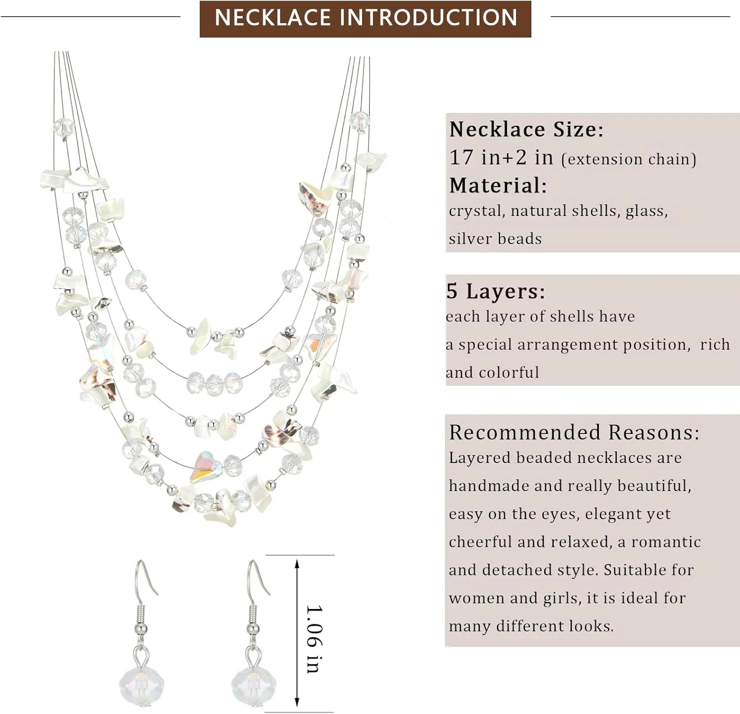Multi-Layer Boho Shell Beaded Necklace for Women Colorful Crystal Strand with Silver Beads Statement Collars Necklace and Earrings Costumes Jewelry Sets for Women