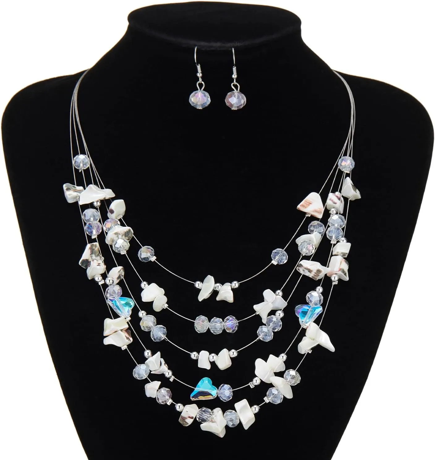 Multi-Layer Boho Shell Beaded Necklace for Women Colorful Crystal Strand with Silver Beads Statement Collars Necklace and Earrings Costumes Jewelry Sets for Women
