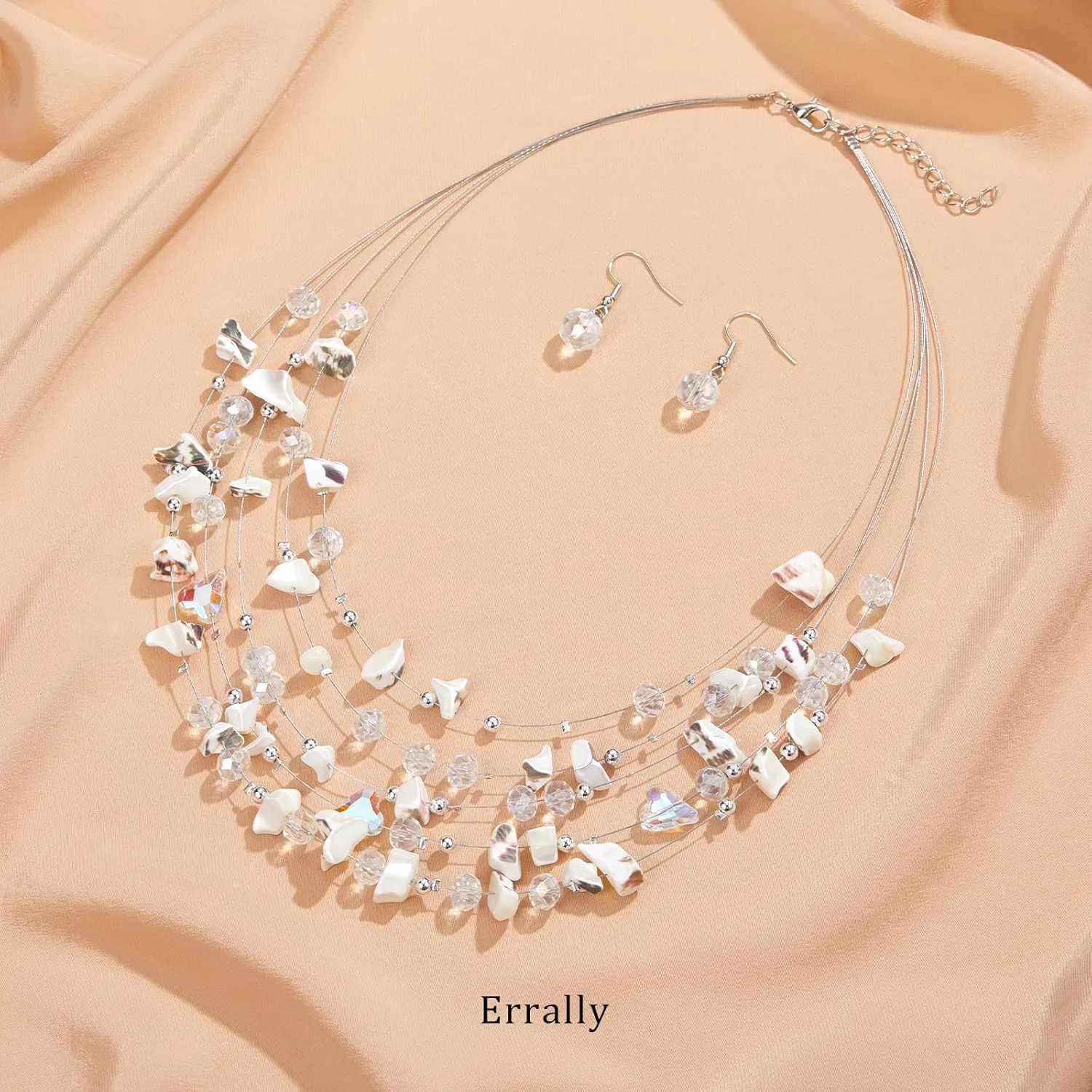 Multi-Layer Boho Shell Beaded Necklace for Women Colorful Crystal Strand with Silver Beads Statement Collars Necklace and Earrings Costumes Jewelry Sets for Women