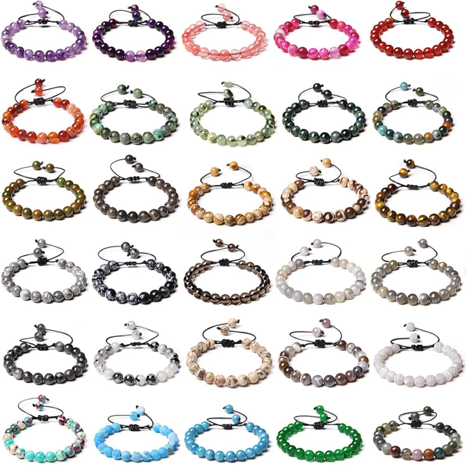 Multicolor Women Men Natural 8mm Stone Beads Charm Braid Bracelet Adjustable Amethysts Agates Stone Beads Woven Bracelet,7.Picture Jasper