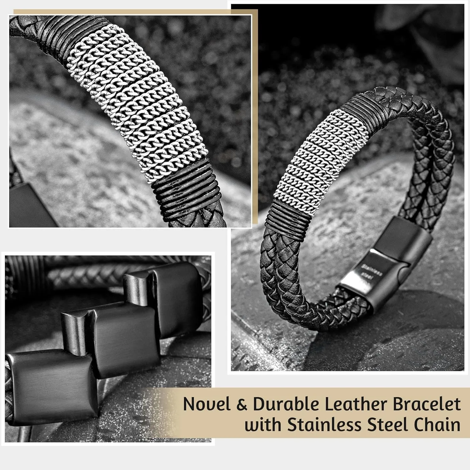 murtoo Mens Leather Bracelet, Black Brown Double Row Braided Leather Bracelets for Men with Steel Chain, Stylish Gift for Men Him
