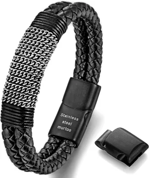 murtoo Mens Leather Bracelet, Black Brown Double Row Braided Leather Bracelets for Men with Steel Chain, Stylish Gift for Men Him