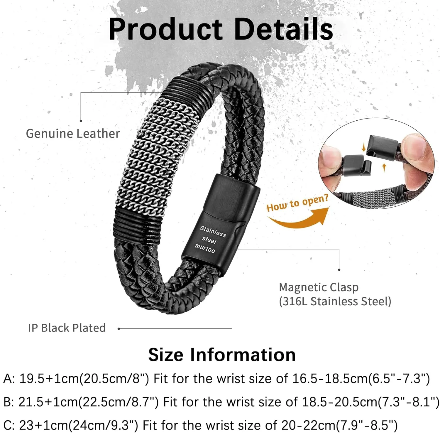 murtoo Mens Leather Bracelet, Black Brown Double Row Braided Leather Bracelets for Men with Steel Chain, Stylish Gift for Men Him