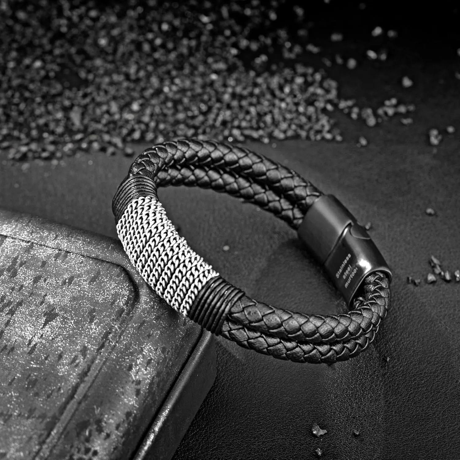 murtoo Mens Leather Bracelet, Black Brown Double Row Braided Leather Bracelets for Men with Steel Chain, Stylish Gift for Men Him