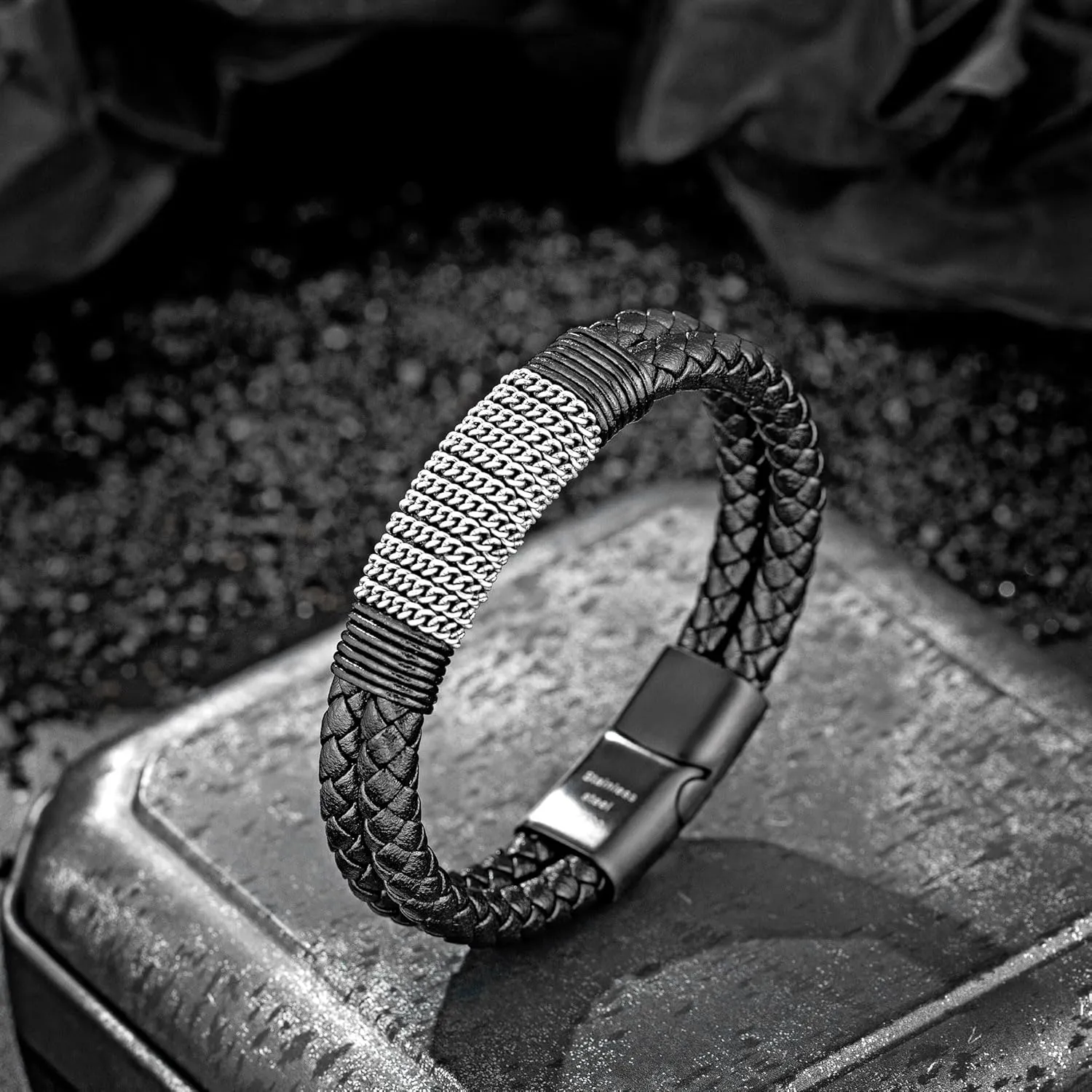 murtoo Mens Leather Bracelet, Black Brown Double Row Braided Leather Bracelets for Men with Steel Chain, Stylish Gift for Men Him