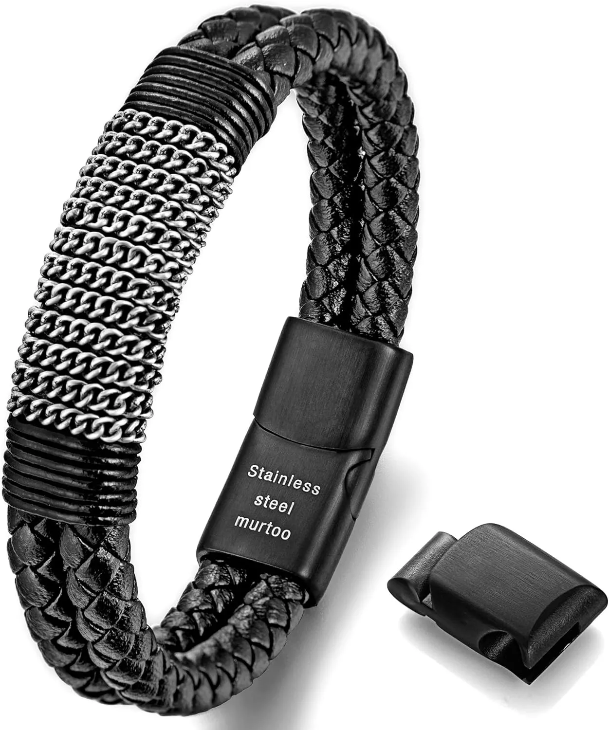murtoo Mens Leather Bracelet, Black Brown Double Row Braided Leather Bracelets for Men with Steel Chain, Stylish Gift for Men Him