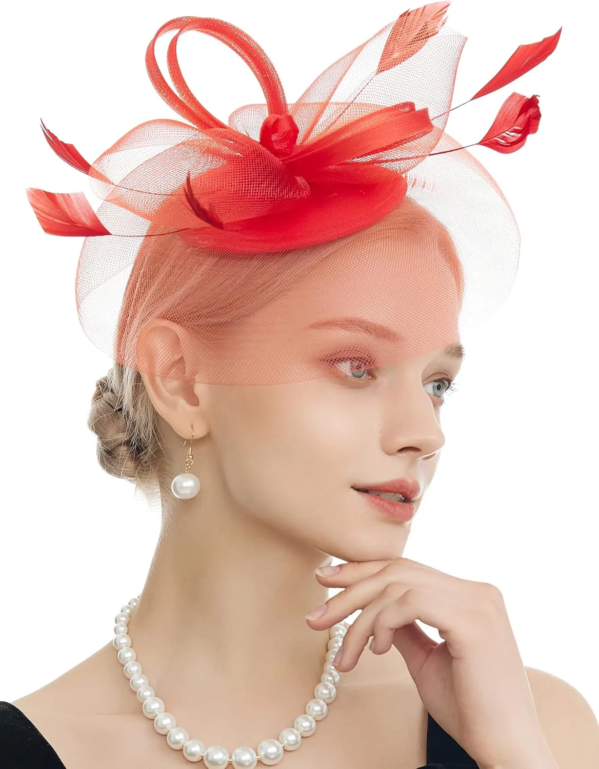 Myjoyday Women's Fascinators Hat for Tea Party Church Cocktail, Feathers Veil Headband with Hair Clip