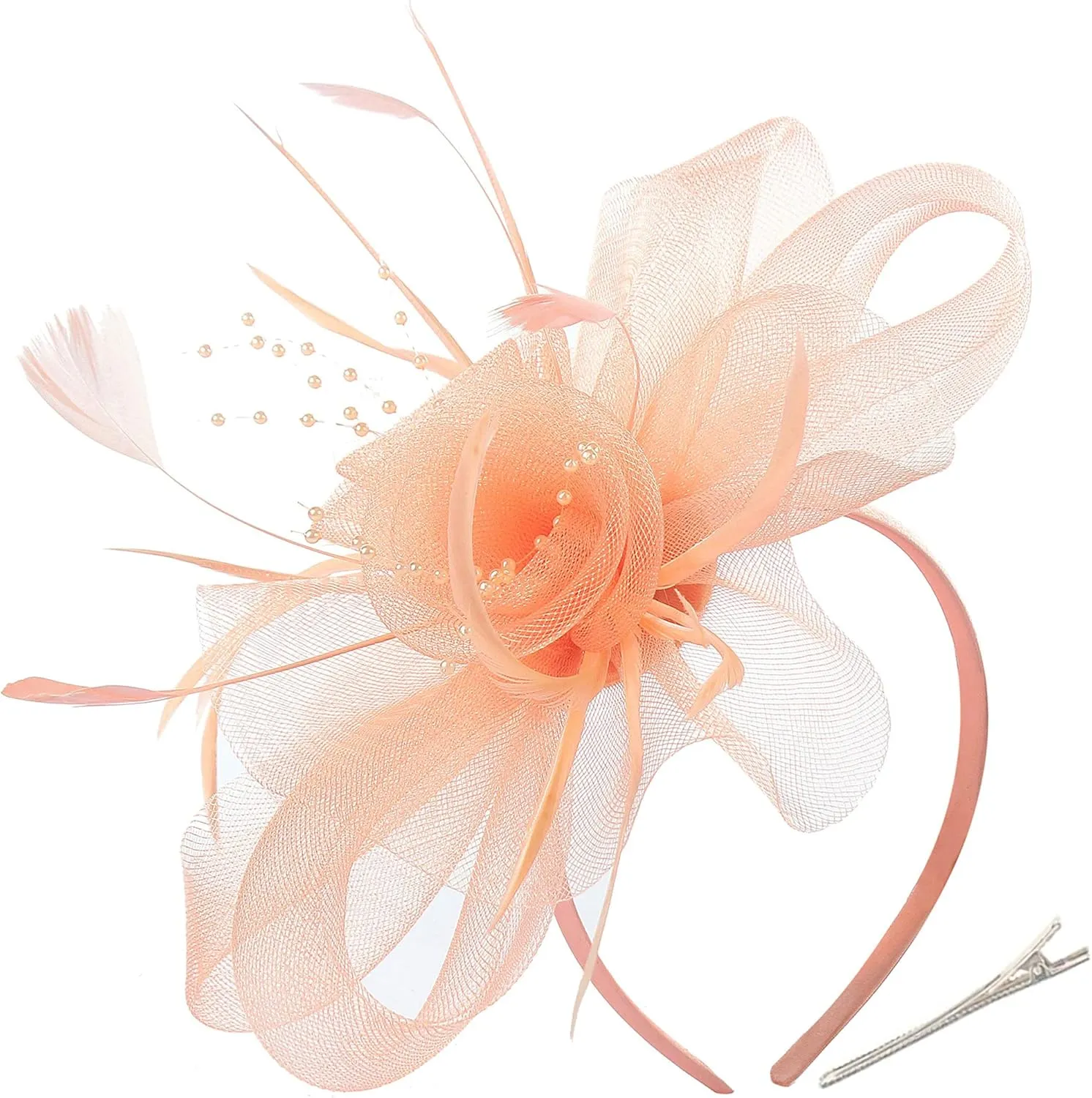 Myjoyday Women's Fascinators Hat for Tea Party Church Cocktail, Feathers Veil Headband with Hair Clip