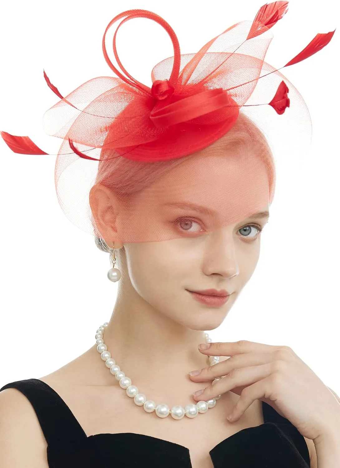 Myjoyday Women's Fascinators Hat for Tea Party Church Cocktail, Feathers Veil Headband with Hair Clip