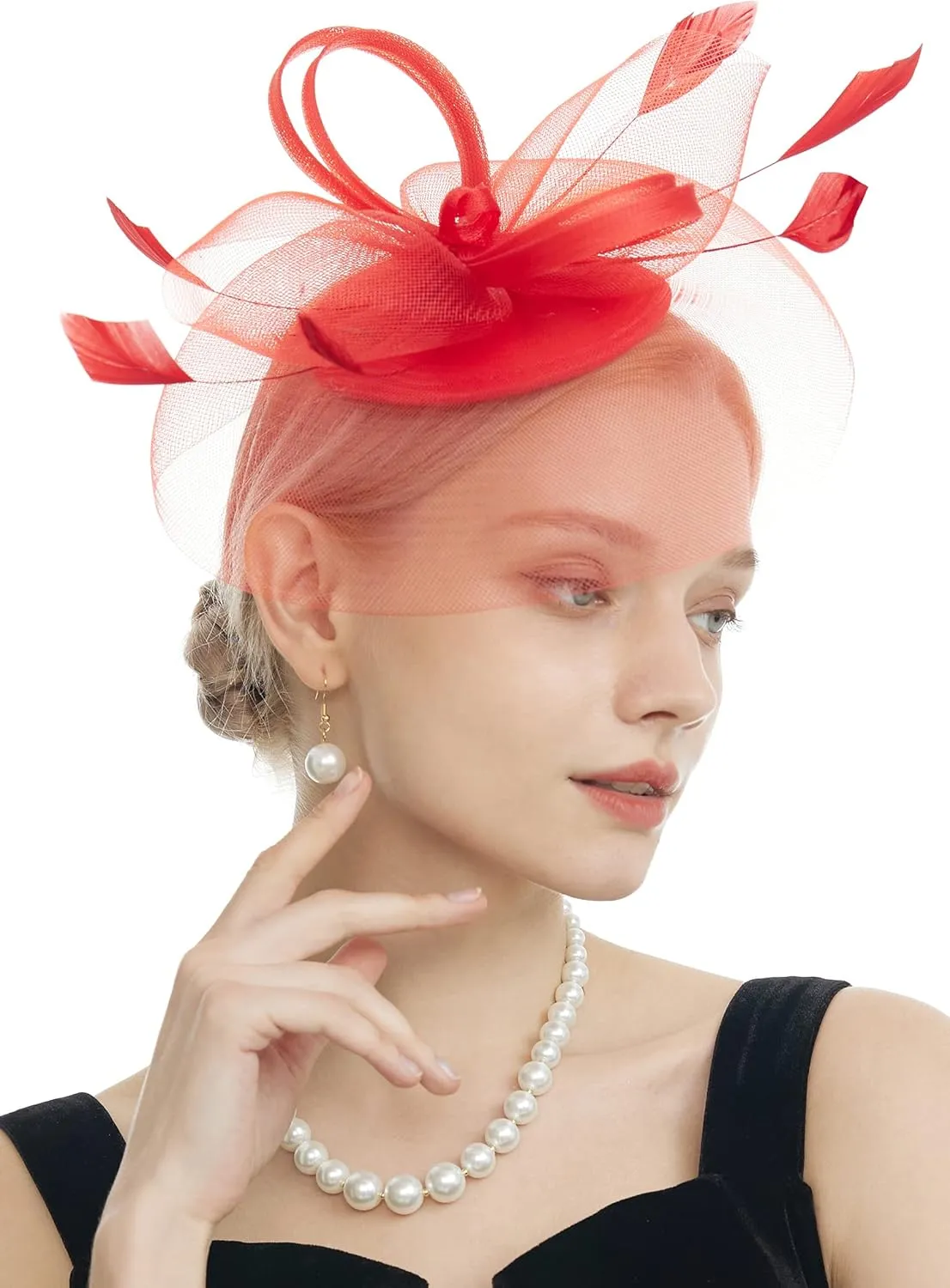 Myjoyday Women's Fascinators Hat for Tea Party Church Cocktail, Feathers Veil Headband with Hair Clip