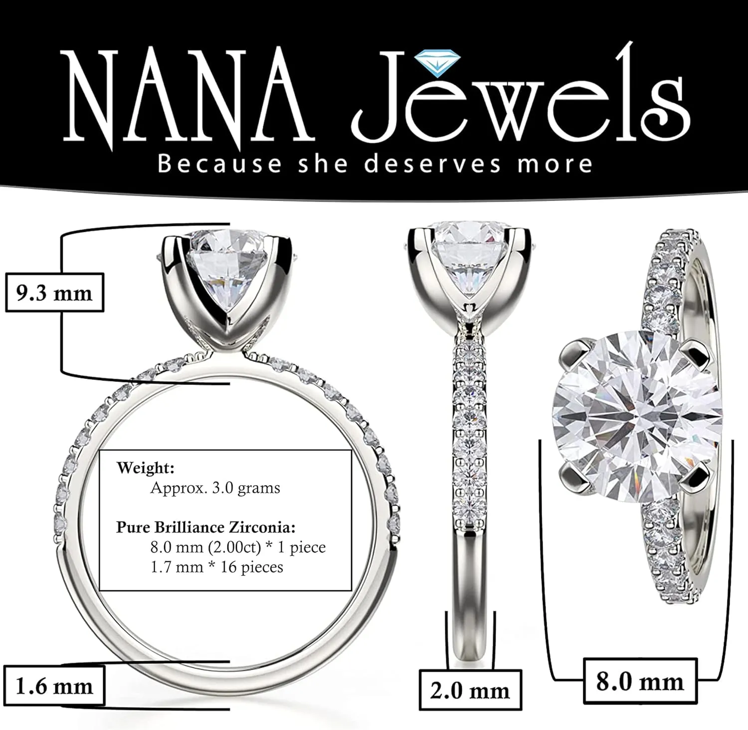 NANA Jewels 1.00ct to 4.00ct Simulated Diamond Engagement Ring Round Solitaire Sterling Silver 10k-14k