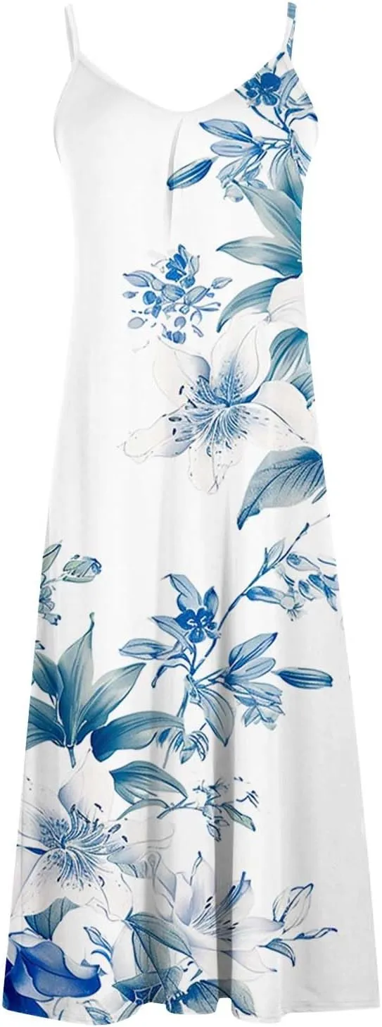NaRHbrg Women's Floral Print Maxi Dress Sleeveless V Neck Boho Beach Sundress Flowy Casual Summer Long Dresses Sundress