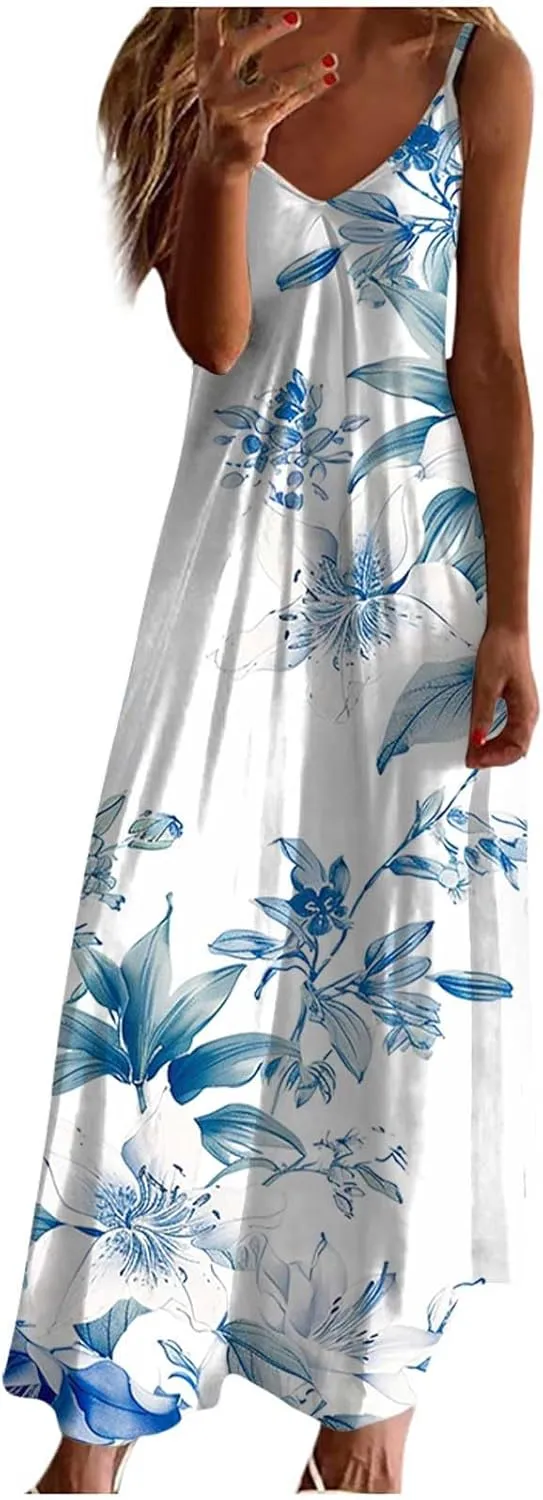 NaRHbrg Women's Floral Print Maxi Dress Sleeveless V Neck Boho Beach Sundress Flowy Casual Summer Long Dresses Sundress