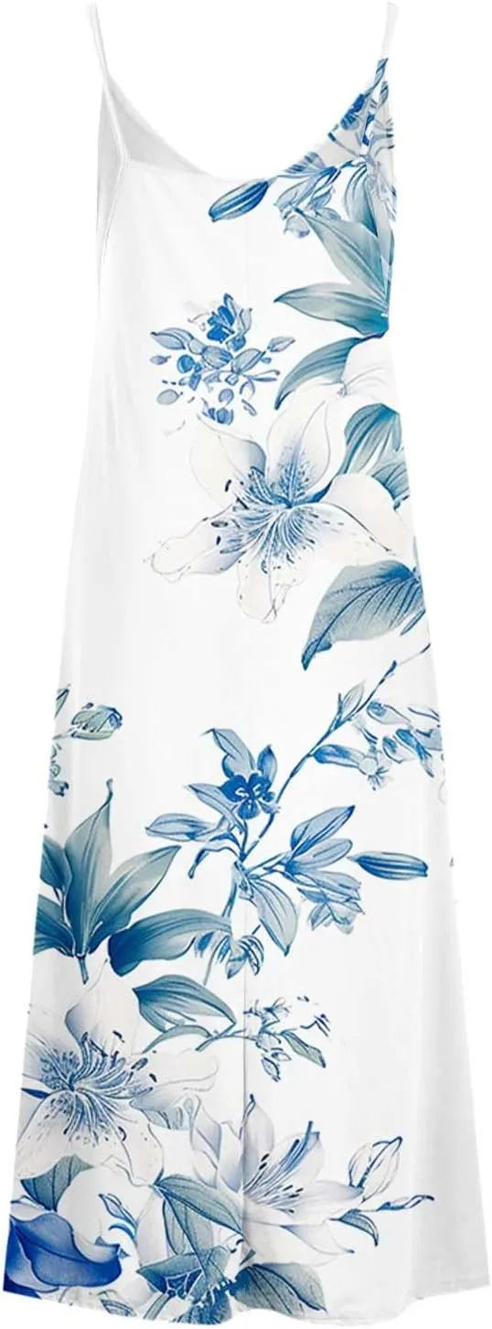 NaRHbrg Women's Floral Print Maxi Dress Sleeveless V Neck Boho Beach Sundress Flowy Casual Summer Long Dresses Sundress