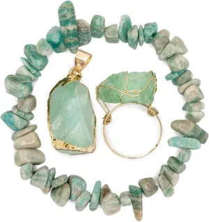 Natural Crystal Stone Bracelet with Healing Pendant Necklace Set Raw Stone Gemstone Gold Plated Open Adjustable Ring for Women's Jewelry Gift