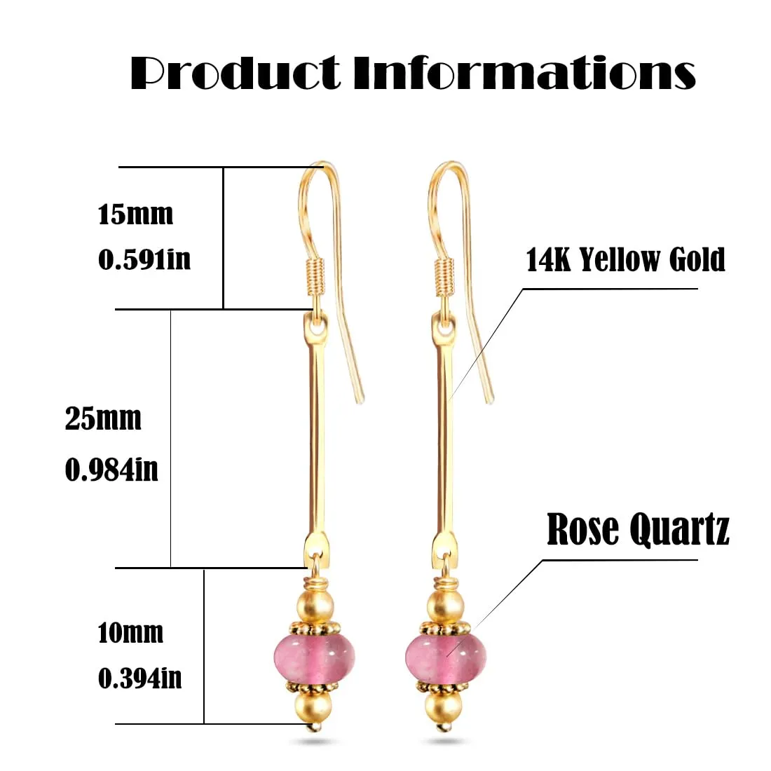 Natural Stone Beads Drop Earrings,14K Yellow Gold Simple Vertical Bar Round Quartz Crystal Gemstone Beads Dangle Earrings,Beading Jewelry for Women (B01_Rose Quartz)