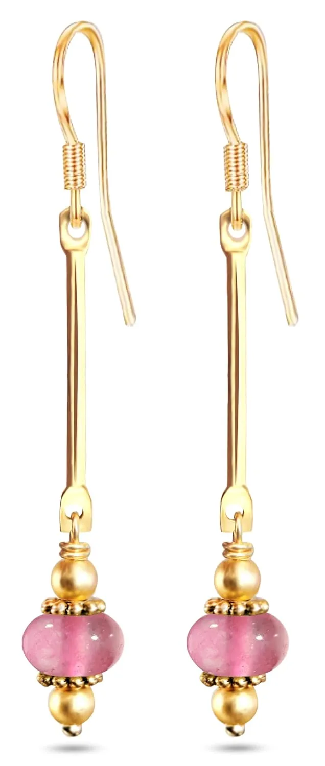 Natural Stone Beads Drop Earrings,14K Yellow Gold Simple Vertical Bar Round Quartz Crystal Gemstone Beads Dangle Earrings,Beading Jewelry for Women (B01_Rose Quartz)