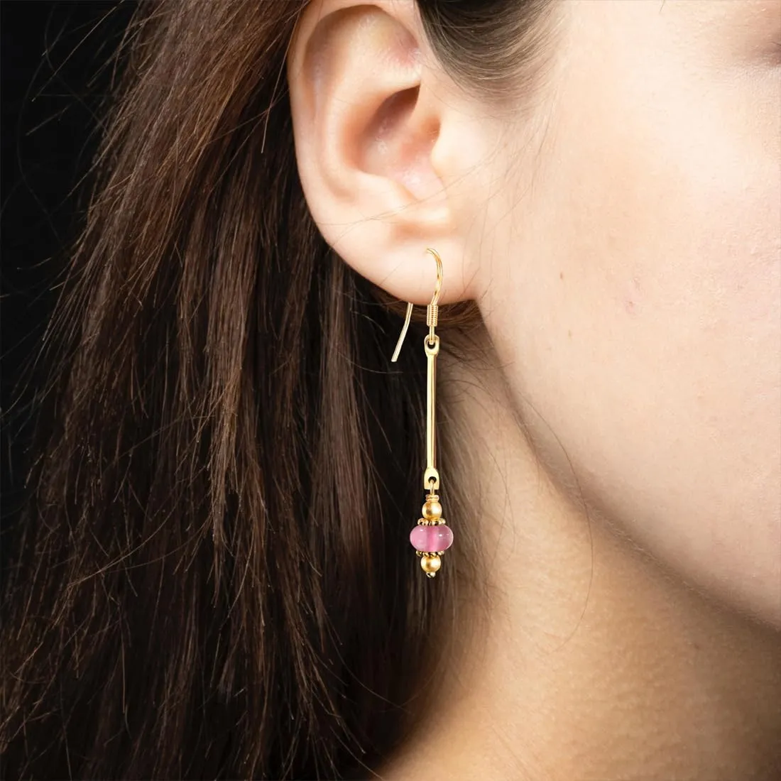 Natural Stone Beads Drop Earrings,14K Yellow Gold Simple Vertical Bar Round Quartz Crystal Gemstone Beads Dangle Earrings,Beading Jewelry for Women (B01_Rose Quartz)