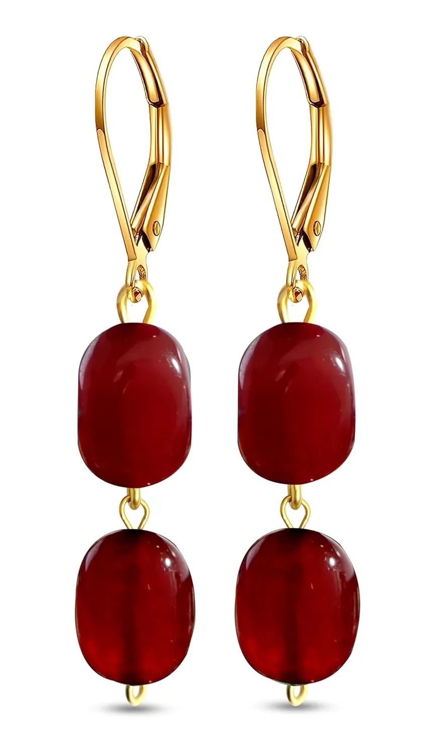 Natural Two Irregular Red Garnet Stone Drop Earrings,14K Gold Plated Dainty Gemstone Dangle Earrings,Genuine Quartz Crystal Statement Earrings for Women (A07_Red Garnet)