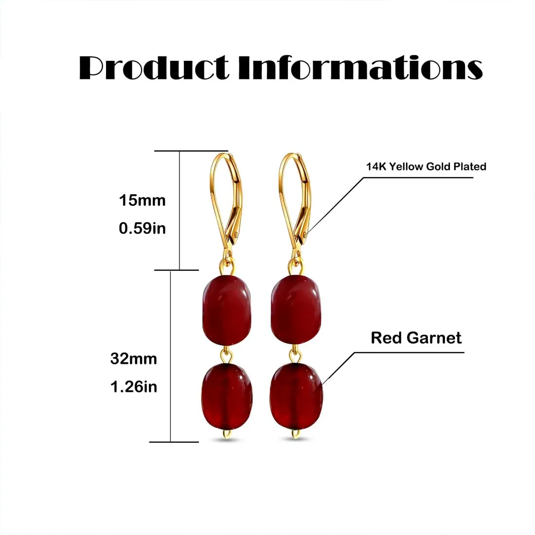 Natural Two Irregular Red Garnet Stone Drop Earrings,14K Gold Plated Dainty Gemstone Dangle Earrings,Genuine Quartz Crystal Statement Earrings for Women (A07_Red Garnet)