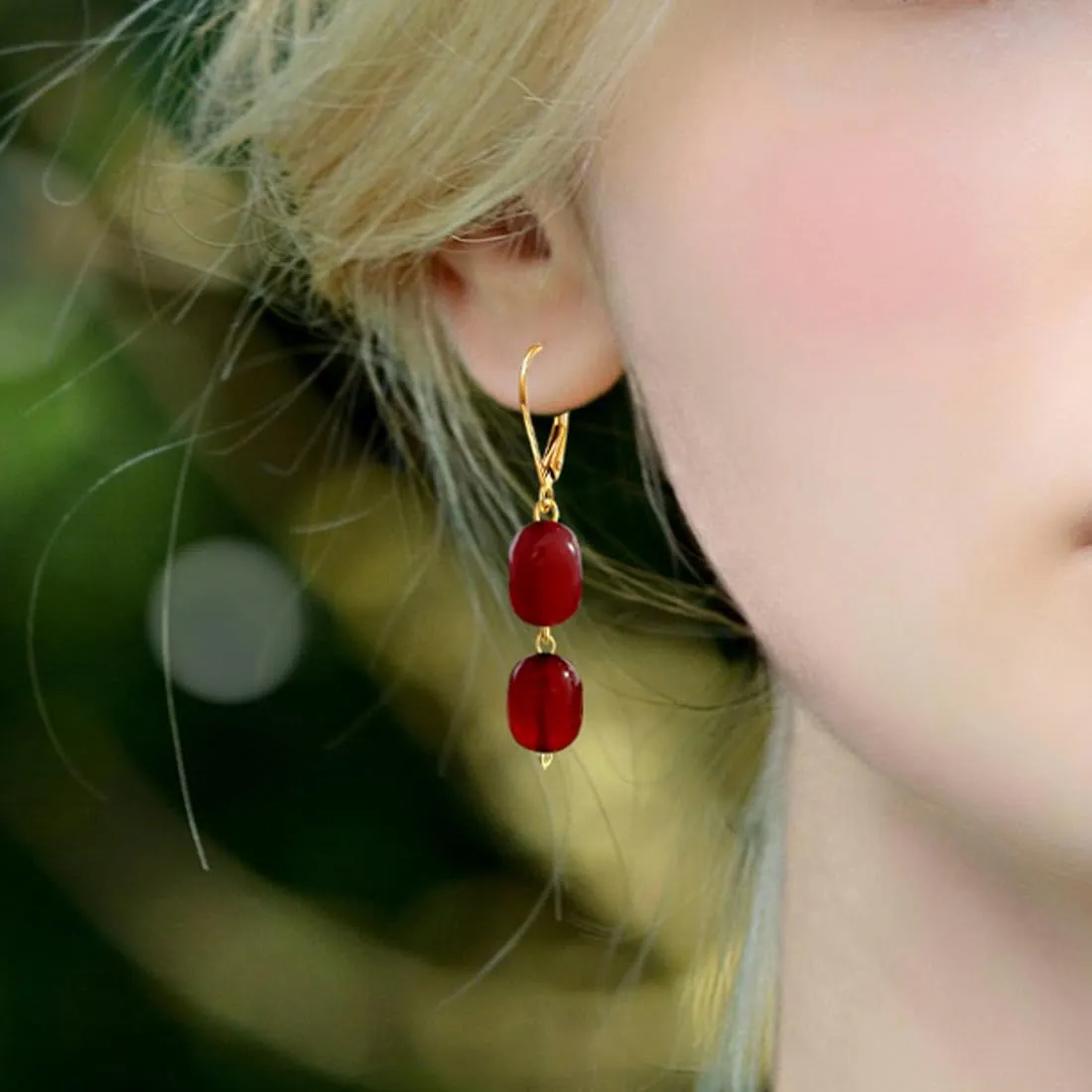 Natural Two Irregular Red Garnet Stone Drop Earrings,14K Gold Plated Dainty Gemstone Dangle Earrings,Genuine Quartz Crystal Statement Earrings for Women (A07_Red Garnet)