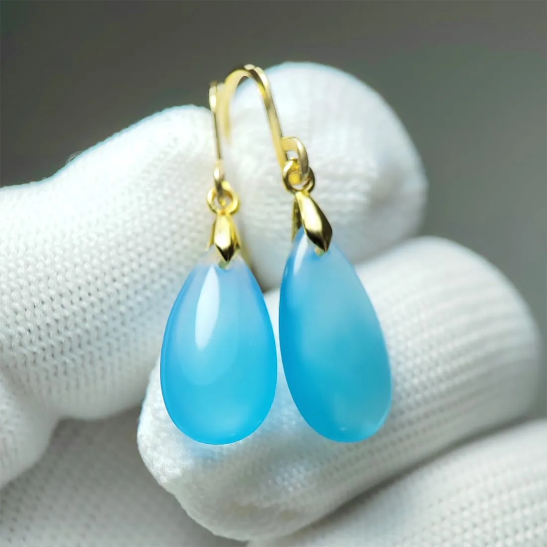 Natural Waterdrop Blue Agate Stone Drop Earrings,14K Yellow Gold Plated Real Geometric Teardrop Quartz Crystal Gemstone Stone Dangle Earrings Jewelry for Women (A04_Blue Agate)