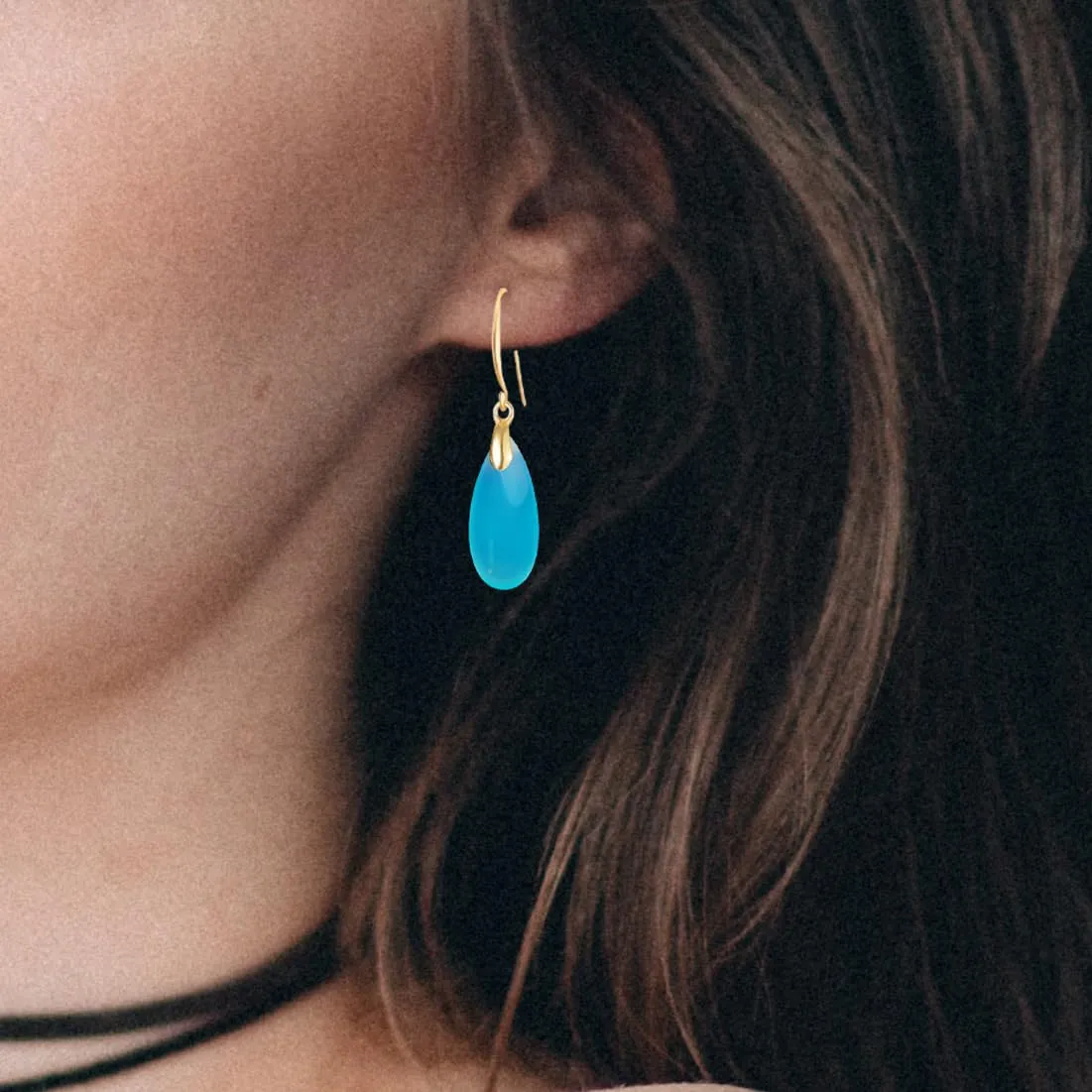 Natural Waterdrop Blue Agate Stone Drop Earrings,14K Yellow Gold Plated Real Geometric Teardrop Quartz Crystal Gemstone Stone Dangle Earrings Jewelry for Women (A04_Blue Agate)