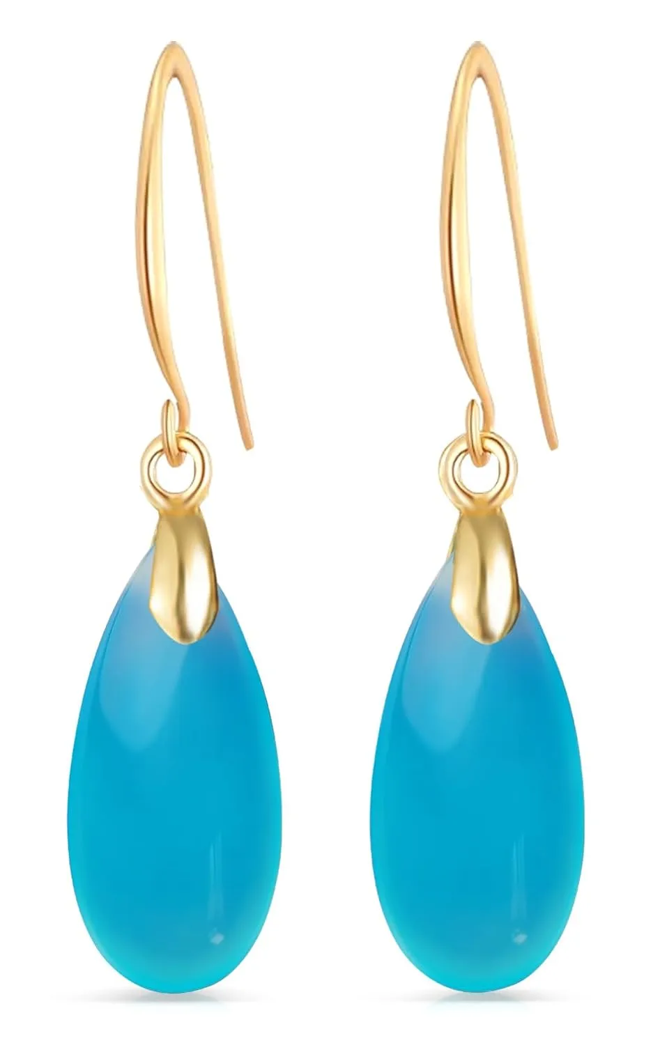 Natural Waterdrop Blue Agate Stone Drop Earrings,14K Yellow Gold Plated Real Geometric Teardrop Quartz Crystal Gemstone Stone Dangle Earrings Jewelry for Women (A04_Blue Agate)