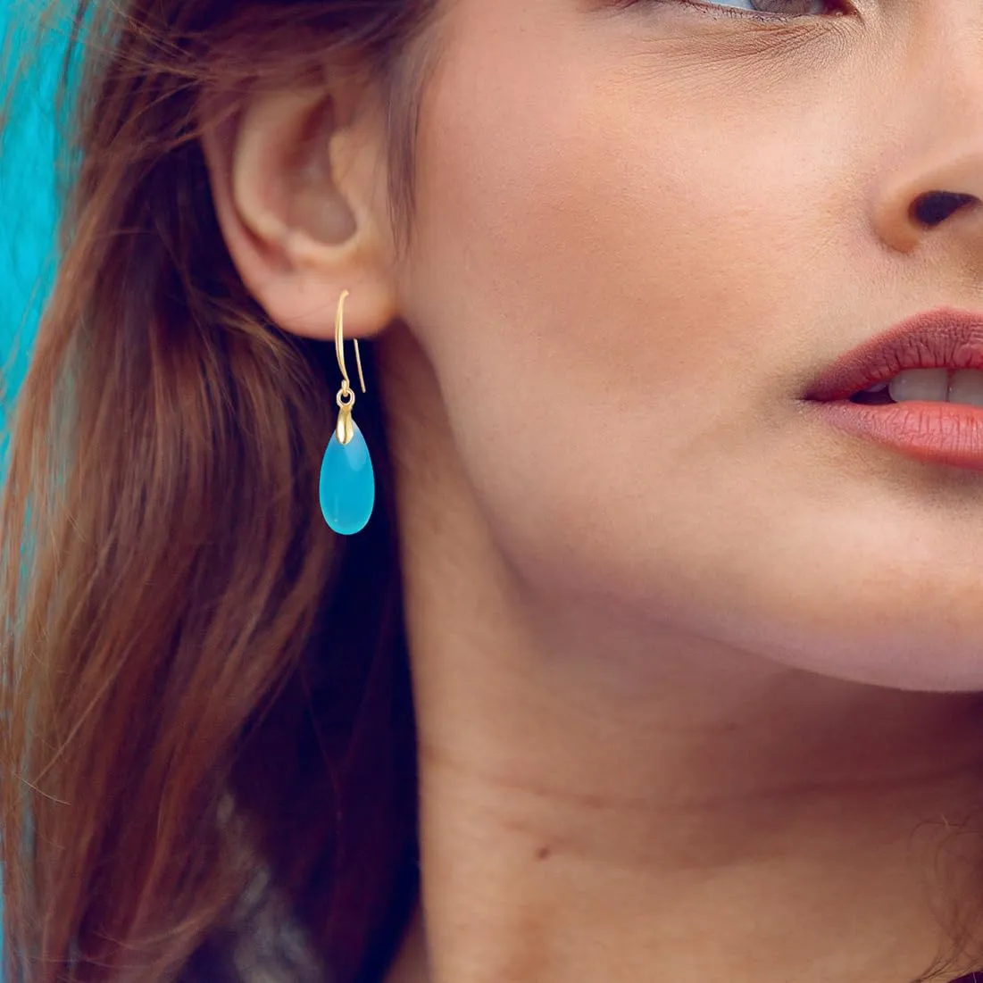 Natural Waterdrop Blue Agate Stone Drop Earrings,14K Yellow Gold Plated Real Geometric Teardrop Quartz Crystal Gemstone Stone Dangle Earrings Jewelry for Women (A04_Blue Agate)