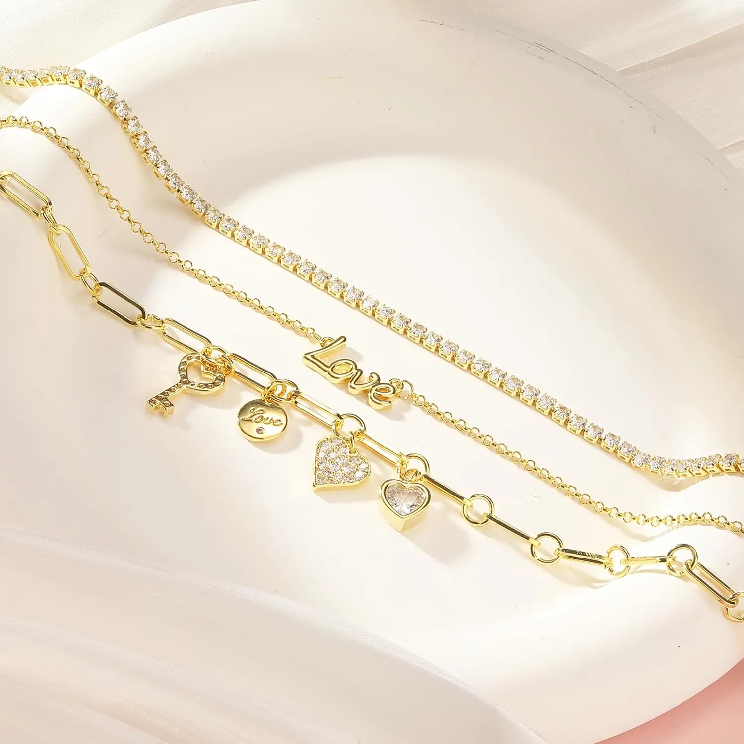 NEKOL Layered Love Believe Smile Summer Choker Necklace for Women, 14K Gold Plated Multi-Layer Paperclip Link Chain, Layering Design Chunky Chain Choker for Anniversary, Valentine's Day, Christmas