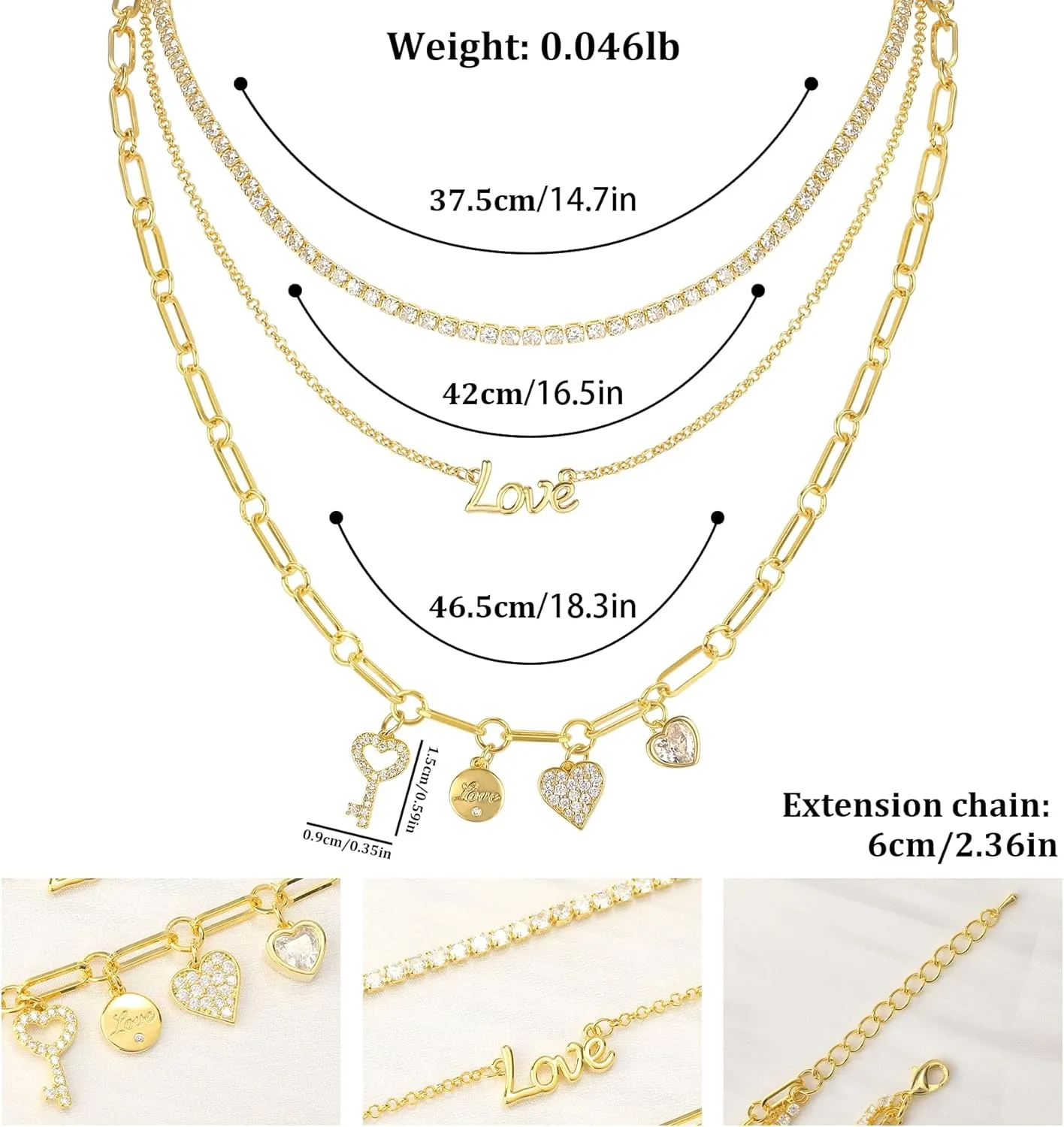 NEKOL Layered Love Believe Smile Summer Choker Necklace for Women, 14K Gold Plated Multi-Layer Paperclip Link Chain, Layering Design Chunky Chain Choker for Anniversary, Valentine's Day, Christmas