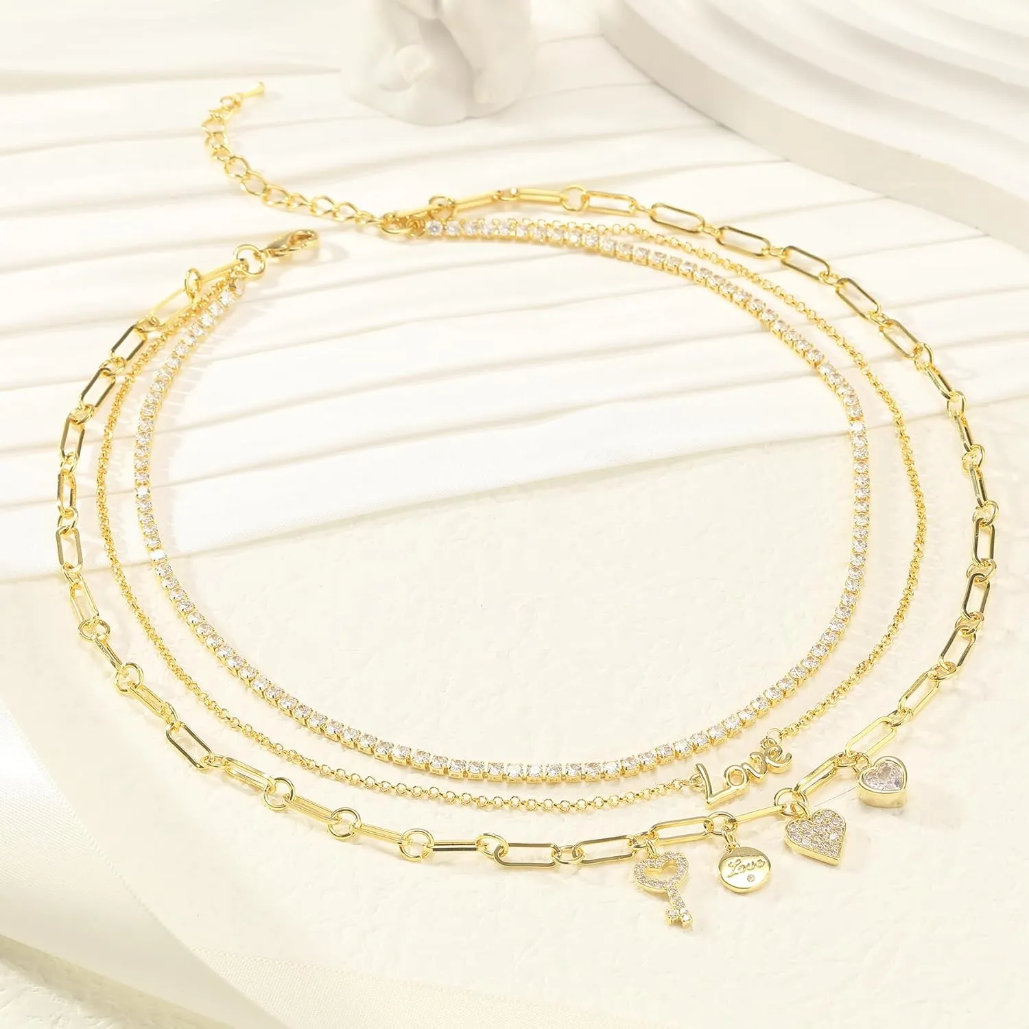 NEKOL Layered Love Believe Smile Summer Choker Necklace for Women, 14K Gold Plated Multi-Layer Paperclip Link Chain, Layering Design Chunky Chain Choker for Anniversary, Valentine's Day, Christmas