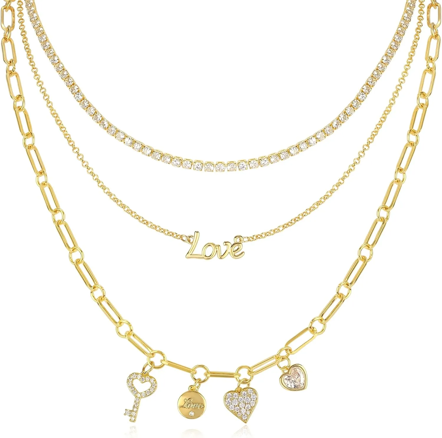 NEKOL Layered Love Believe Smile Summer Choker Necklace for Women, 14K Gold Plated Multi-Layer Paperclip Link Chain, Layering Design Chunky Chain Choker for Anniversary, Valentine's Day, Christmas