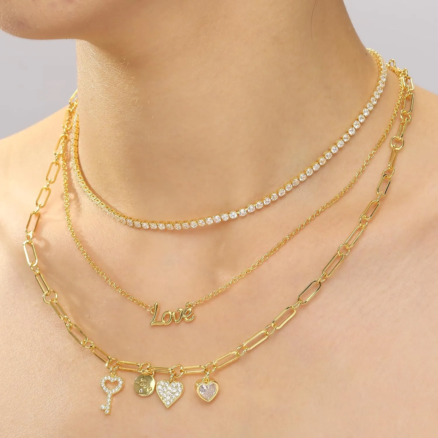 NEKOL Layered Love Believe Smile Summer Choker Necklace for Women, 14K Gold Plated Multi-Layer Paperclip Link Chain, Layering Design Chunky Chain Choker for Anniversary, Valentine's Day, Christmas
