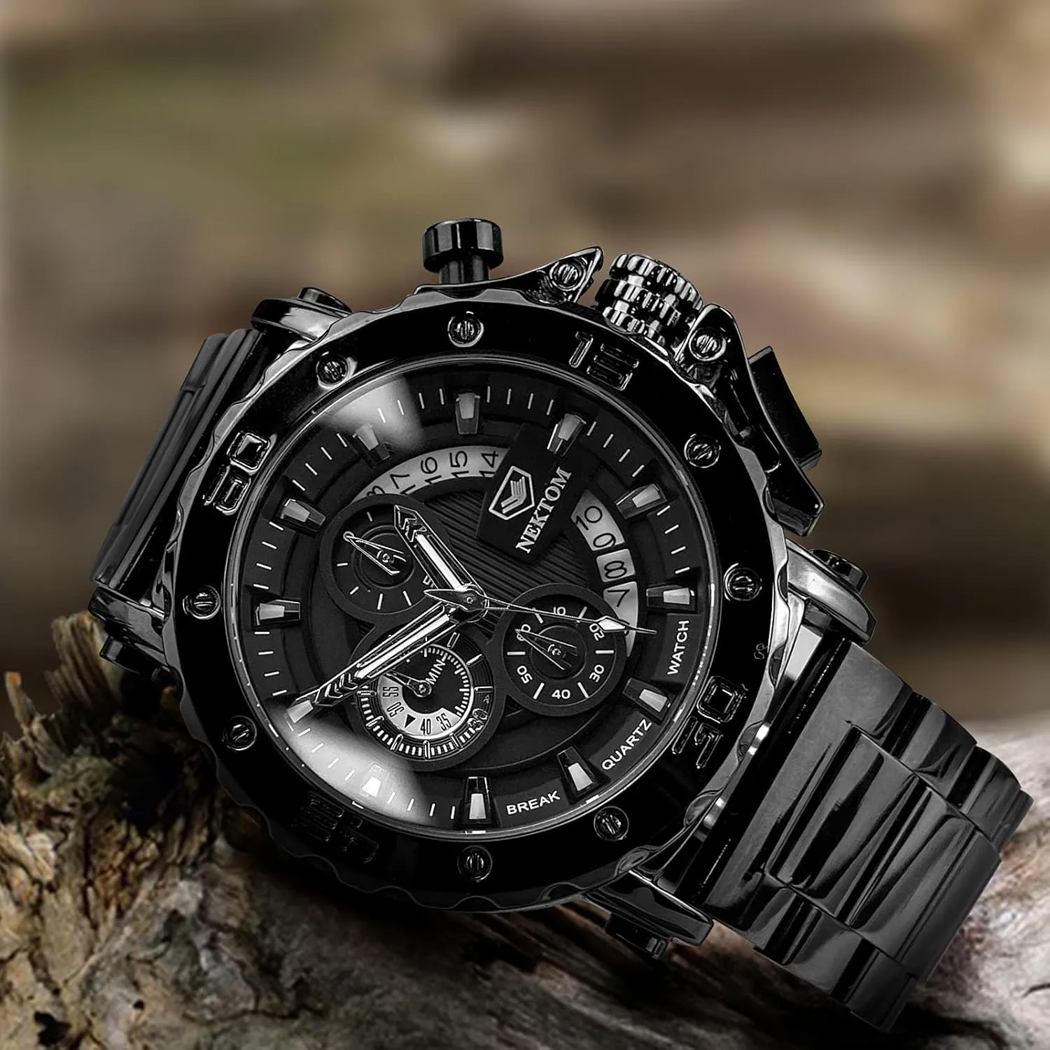 NEKTOM Watches for Men with Stainless Steel, Quartz Analog Watch with Date, Luxury Minimalist Dress Mens Watches, Chronograph Watch, 3ATM Waterproof, Black Wristwatch, Gifts for Men
