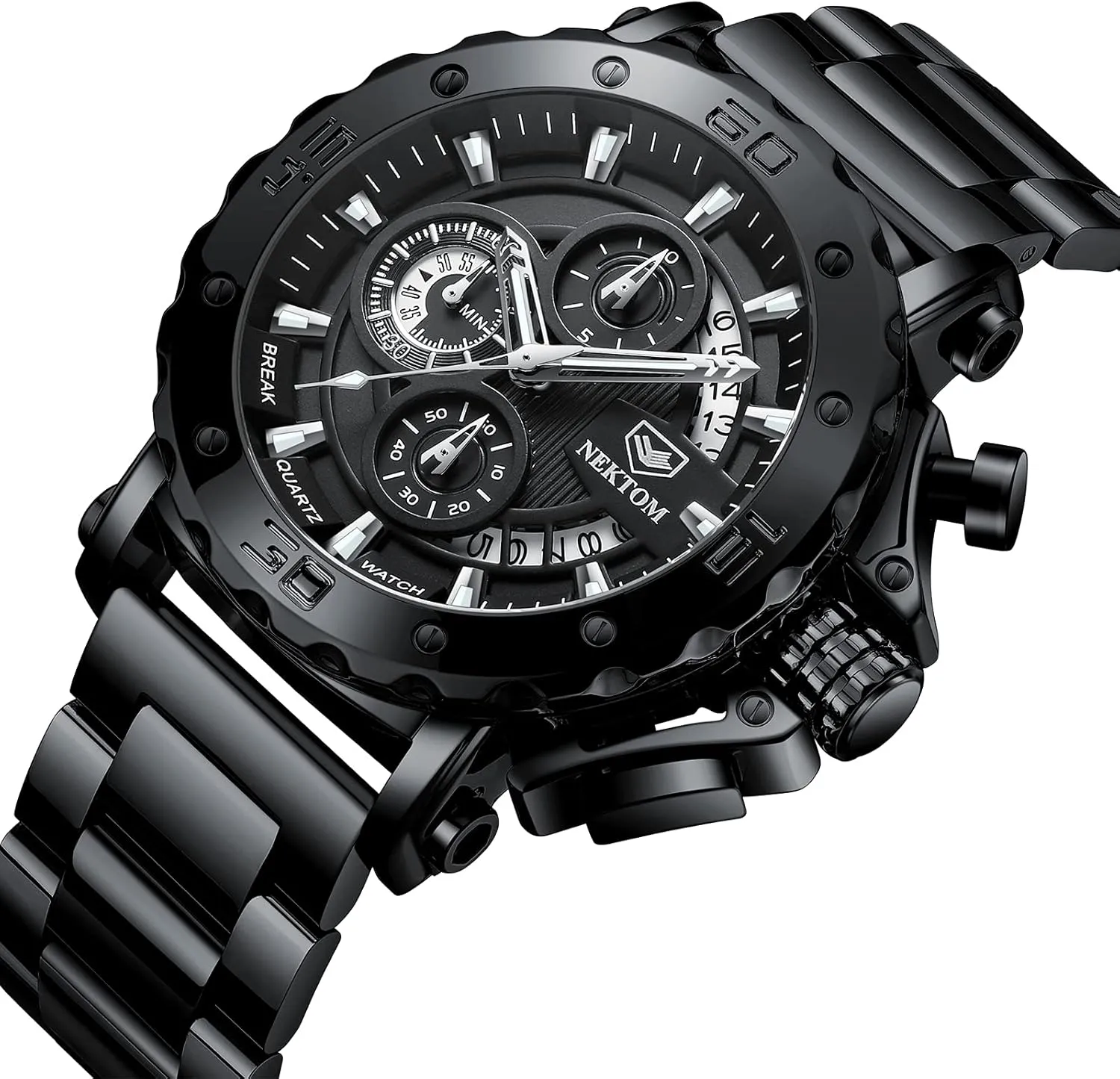 NEKTOM Watches for Men with Stainless Steel, Quartz Analog Watch with Date, Luxury Minimalist Dress Mens Watches, Chronograph Watch, 3ATM Waterproof, Black Wristwatch, Gifts for Men