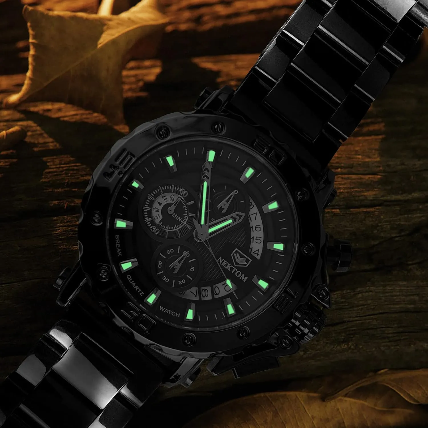 NEKTOM Watches for Men with Stainless Steel, Quartz Analog Watch with Date, Luxury Minimalist Dress Mens Watches, Chronograph Watch, 3ATM Waterproof, Black Wristwatch, Gifts for Men