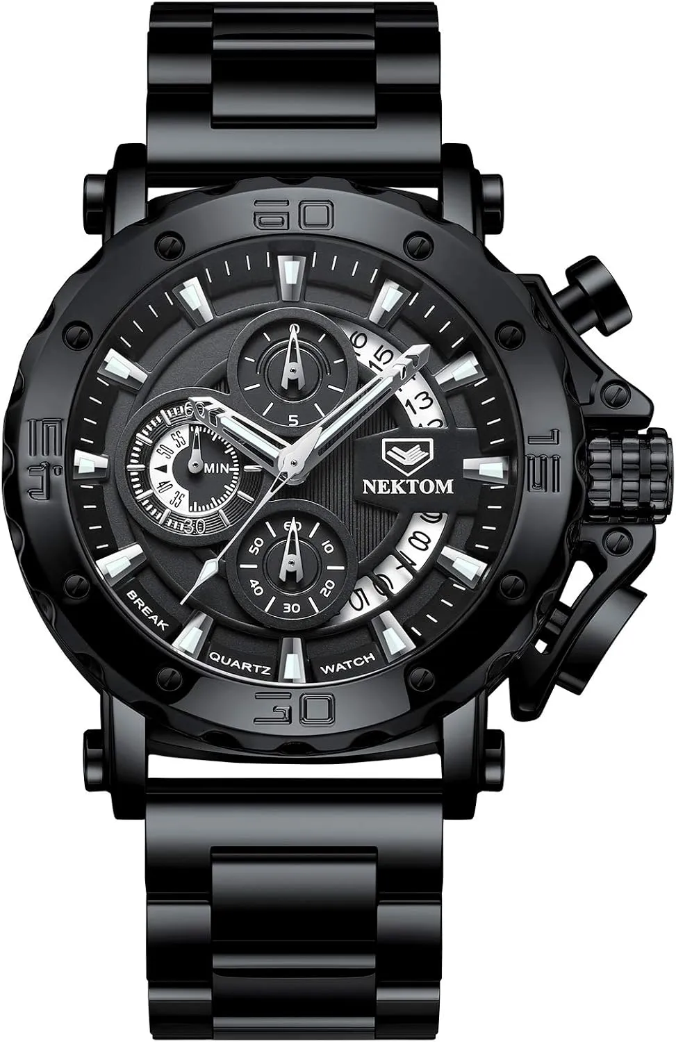 NEKTOM Watches for Men with Stainless Steel, Quartz Analog Watch with Date, Luxury Minimalist Dress Mens Watches, Chronograph Watch, 3ATM Waterproof, Black Wristwatch, Gifts for Men