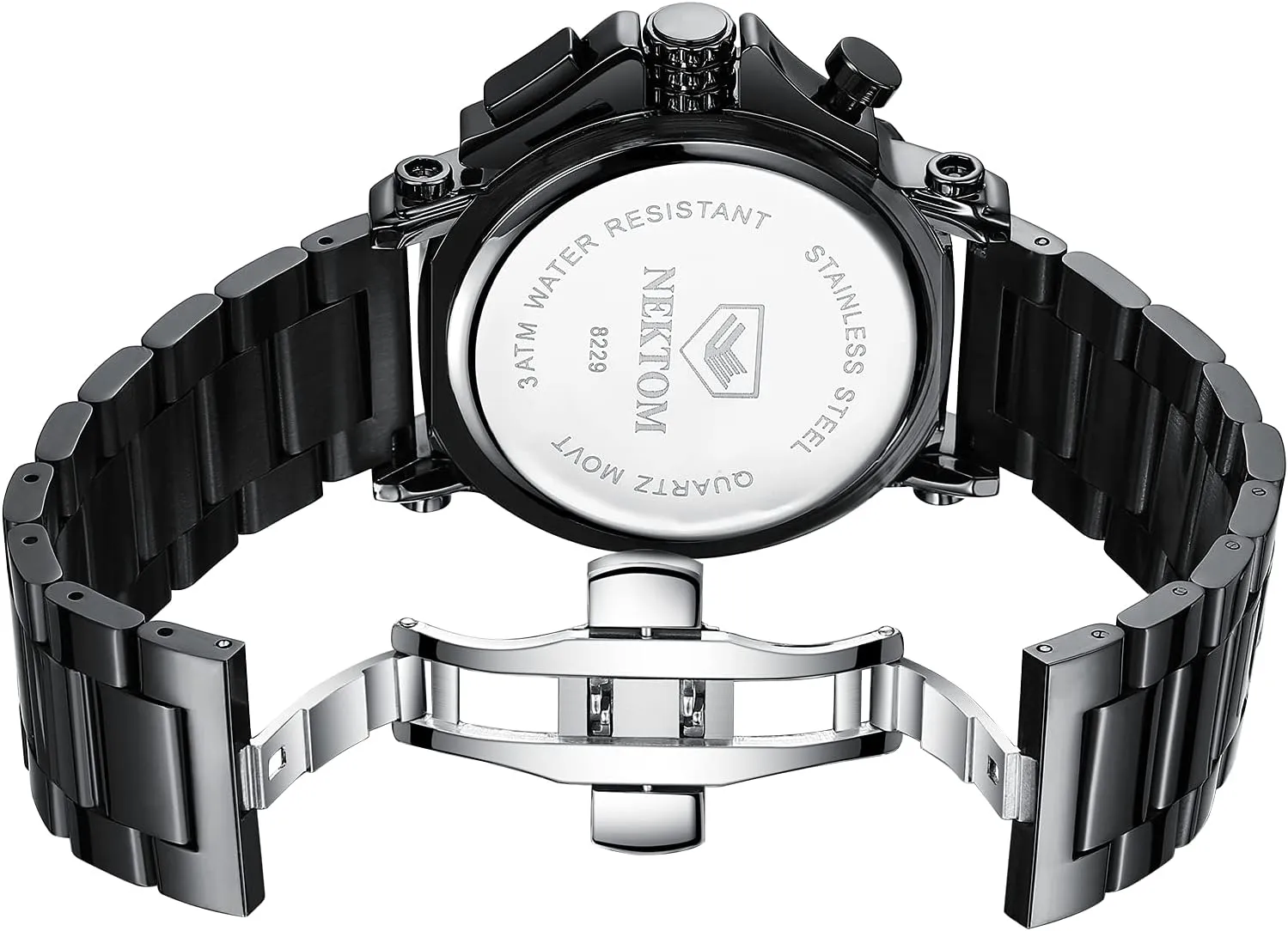 NEKTOM Watches for Men with Stainless Steel, Quartz Analog Watch with Date, Luxury Minimalist Dress Mens Watches, Chronograph Watch, 3ATM Waterproof, Black Wristwatch, Gifts for Men