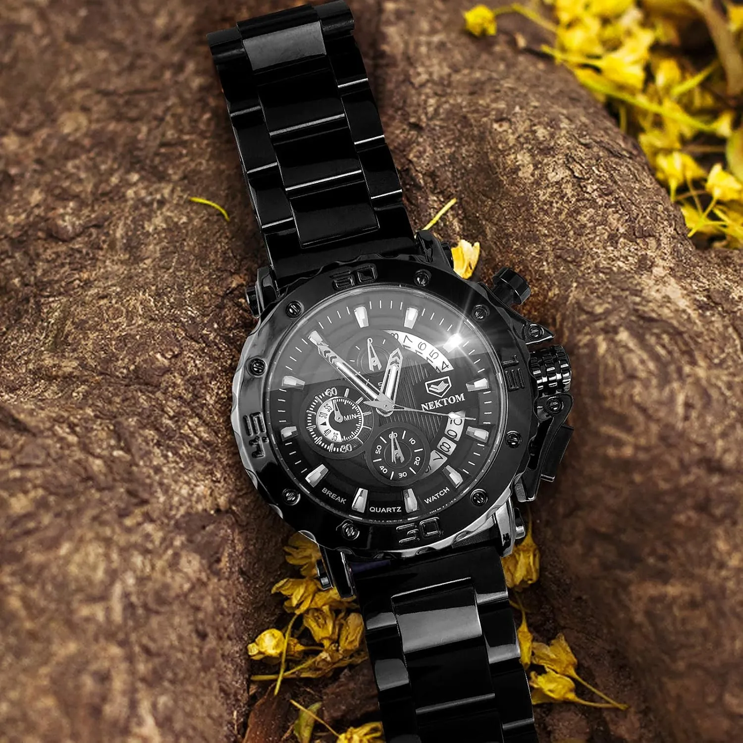 NEKTOM Watches for Men with Stainless Steel, Quartz Analog Watch with Date, Luxury Minimalist Dress Mens Watches, Chronograph Watch, 3ATM Waterproof, Black Wristwatch, Gifts for Men