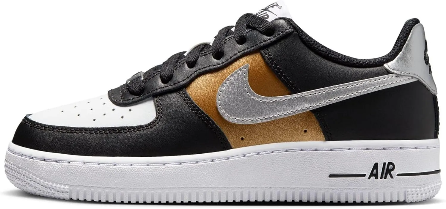 Nike Air Force 1 Low GS Big Kid Shoes, Black/White/Metallic Gold/Metallic Silver, Size 6