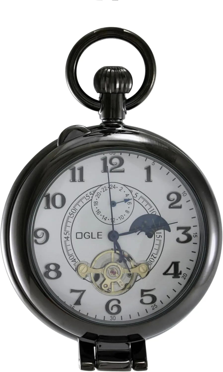 OGLE Waterproof Silver Magnifier Tourbillon Phases Moon Chain Fob Self Winding Automatic Skeleton Half Hunters Mechanical Pocket Watch