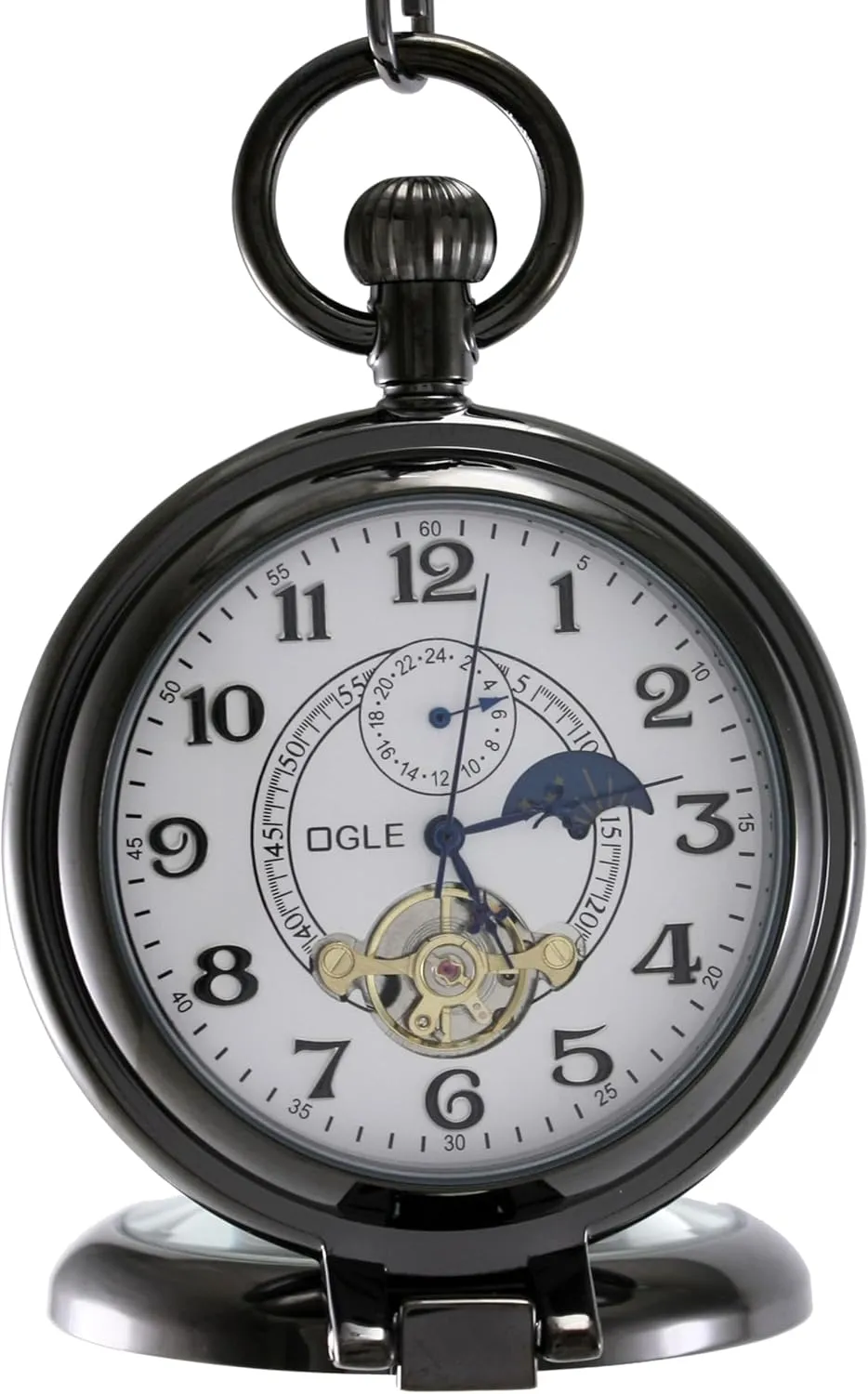 OGLE Waterproof Silver Magnifier Tourbillon Phases Moon Chain Fob Self Winding Automatic Skeleton Half Hunters Mechanical Pocket Watch