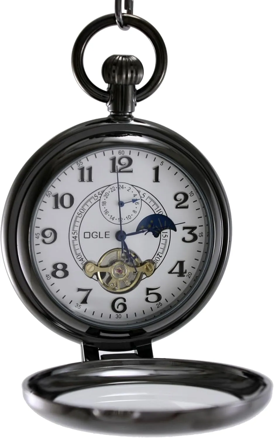 OGLE Waterproof Silver Magnifier Tourbillon Phases Moon Chain Fob Self Winding Automatic Skeleton Half Hunters Mechanical Pocket Watch