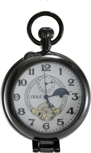 OGLE Waterproof Silver Magnifier Tourbillon Phases Moon Chain Fob Self Winding Automatic Skeleton Half Hunters Mechanical Pocket Watch