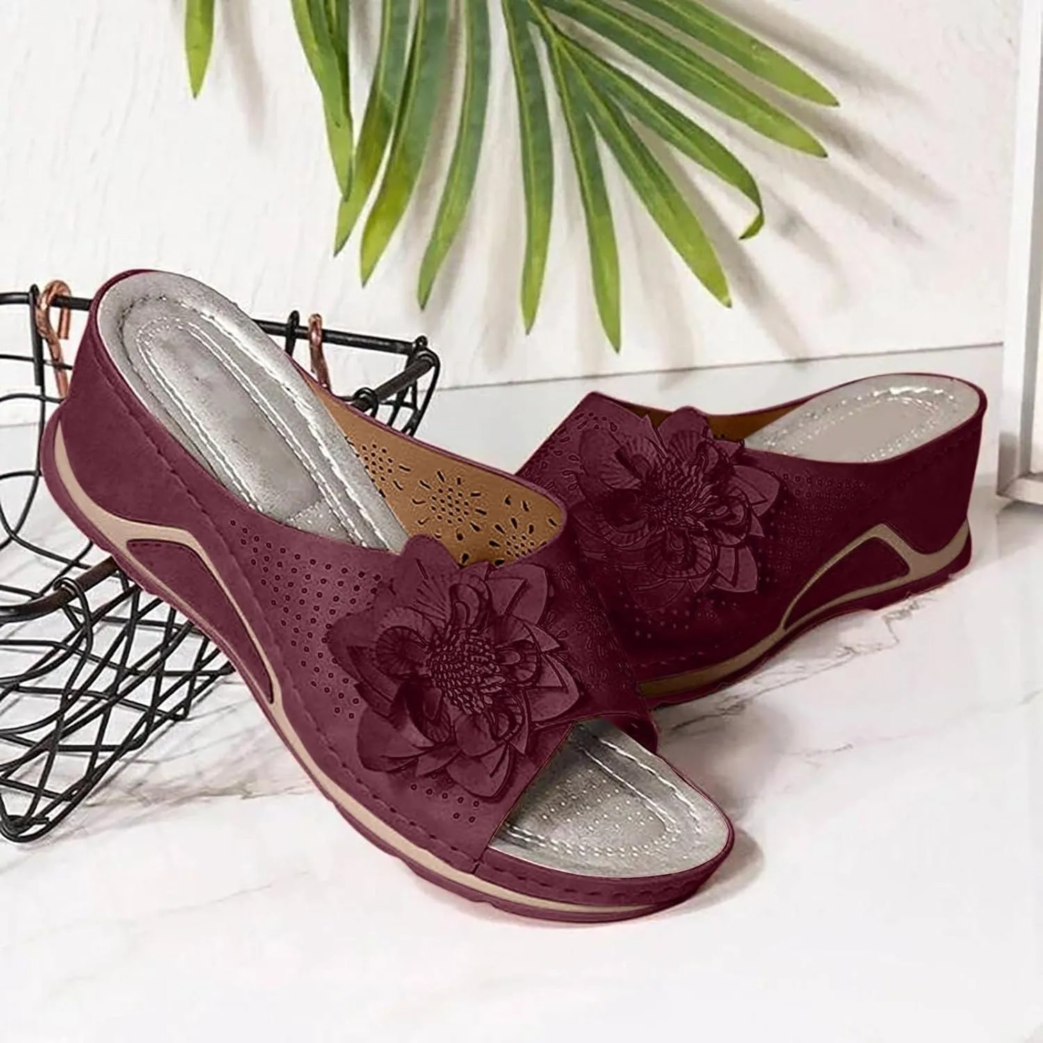oiangi Orthopedic Sandals for Women with Arch Support,Summer Casual Flower Hollow Fish Mouth Open Toe Slip on Platform Slipper Comfy Outdoor Ladies Shoes