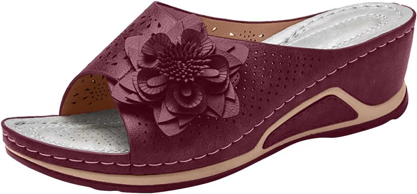 oiangi Orthopedic Sandals for Women with Arch Support,Summer Casual Flower Hollow Fish Mouth Open Toe Slip on Platform Slipper Comfy Outdoor Ladies Shoes