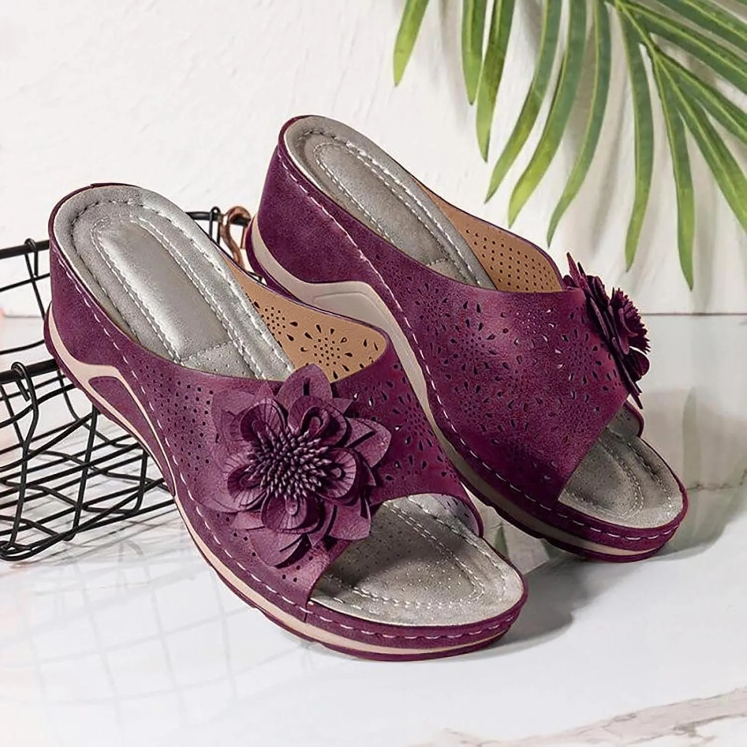 oiangi Orthopedic Sandals for Women with Arch Support,Summer Casual Flower Hollow Fish Mouth Open Toe Slip on Platform Slipper Comfy Outdoor Ladies Shoes