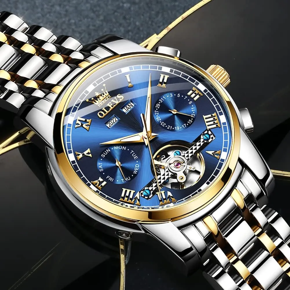 OLEVS Automatic Mechanical Men Watch,Day-Date-Month-and-Year Automatic Watch Men,Fashion Stainless Steel Watch Green&Blue&Black Face