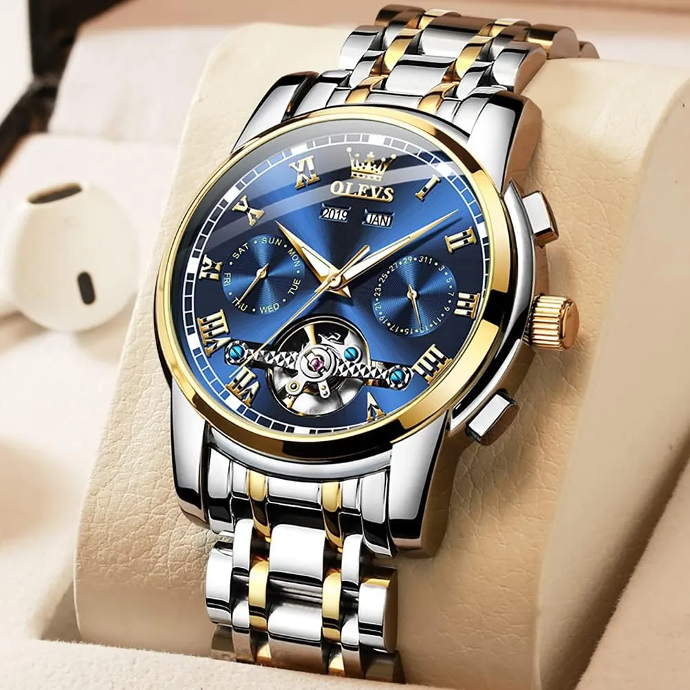 OLEVS Automatic Mechanical Men Watch,Day-Date-Month-and-Year Automatic Watch Men,Fashion Stainless Steel Watch Green&Blue&Black Face